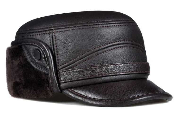 High Quality Genuine Leather Hats Winter First Layer Cowhide Warm Earmuffs Bomber Caps Plus Velvet Thicken Man Bone Caps Dad Hat