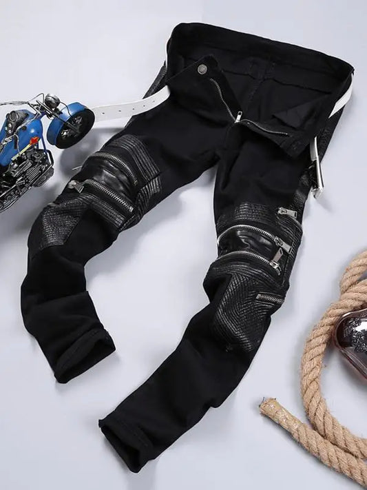 uxi Men's Slim Fit Elastic Leather Patchwork Jeans Breathable Multi-Zipper Casual Cotton Stretch Denim