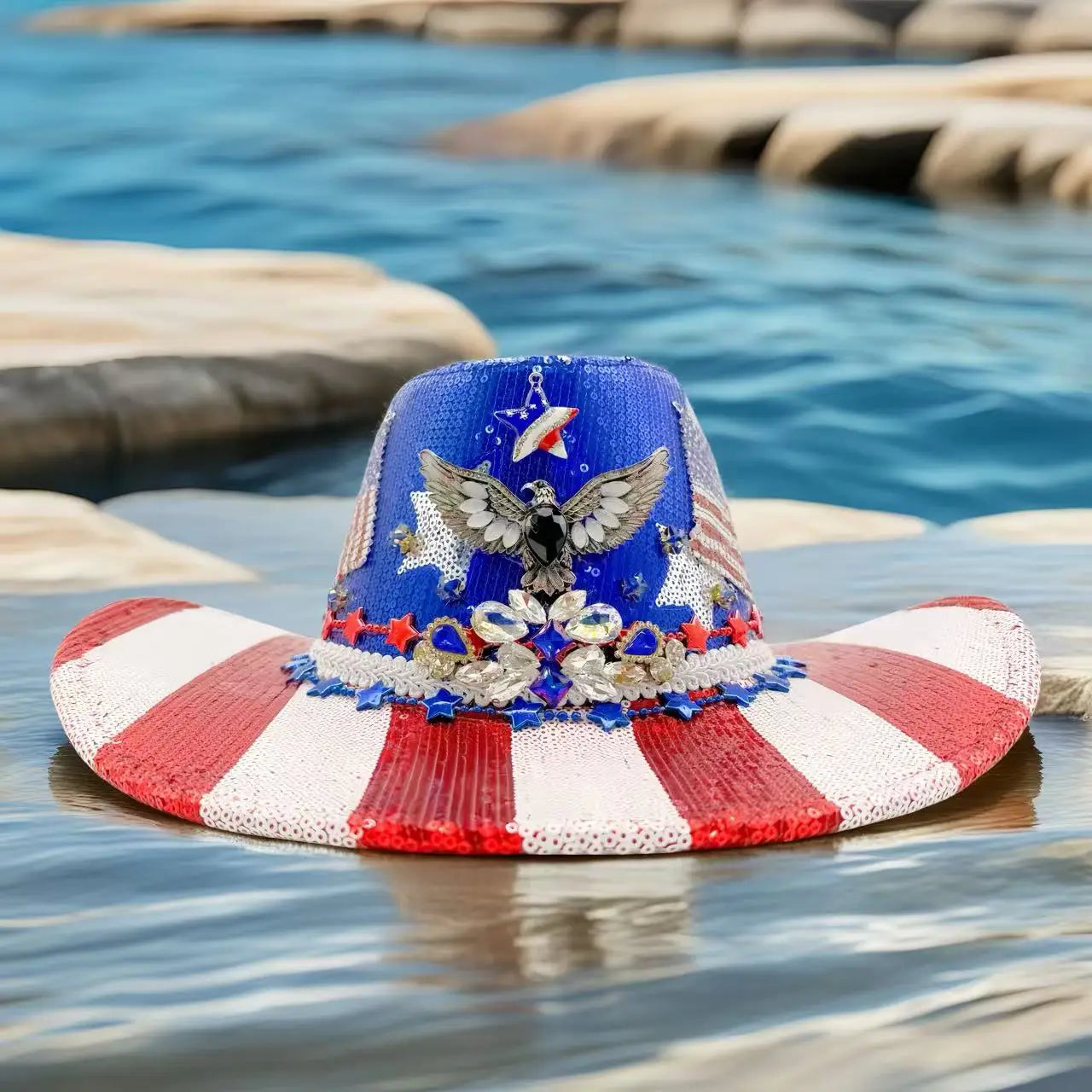 HongLuan Western Blue Disco Felt Cowboy Hat Rhinestone Woman for Cowgirl