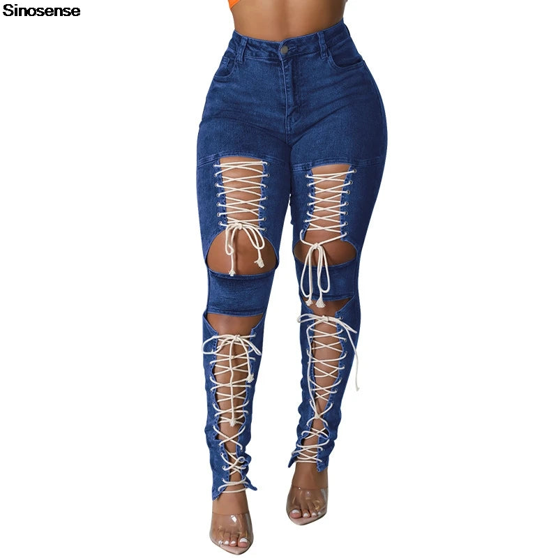 Women's Lace Up Skinny Jeans Stretch Distressed Destroyed Denim Pants Sexy Daily Date Street Going Out Night Club Party Jeans