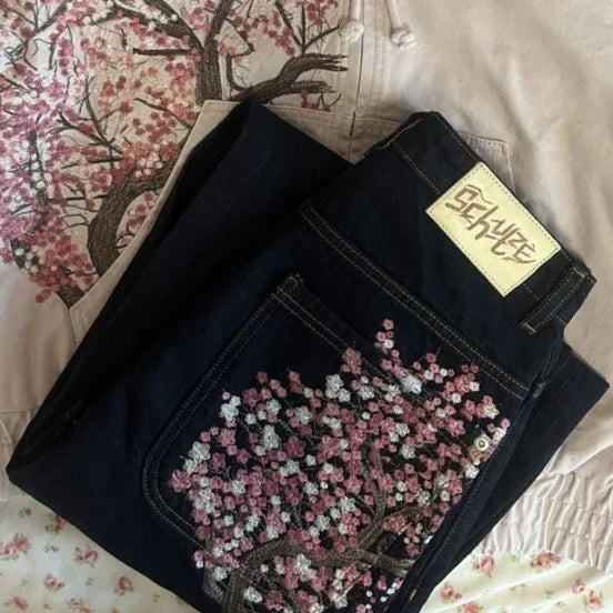 American Vintage Y2K Multi Patch Jeans Mens Womens Blue Distressed Bell Bottom Patch Embroidered Logo Pattern Baggy Trousers