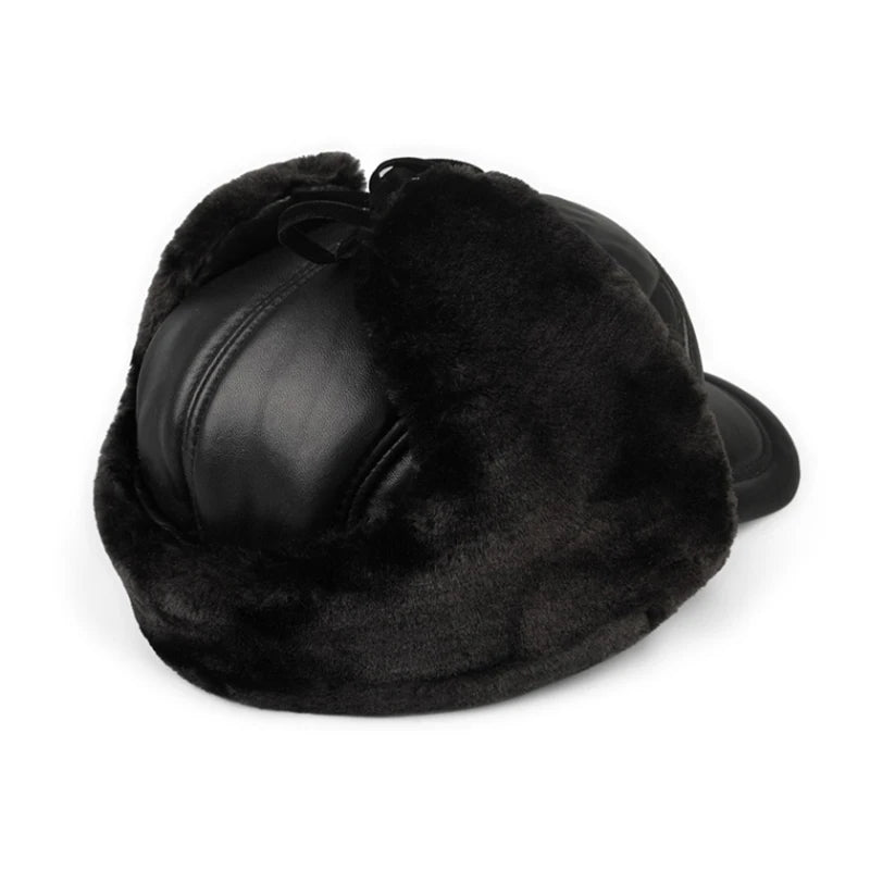 High Quality Genuine Leather Hats Winter First Layer Cowhide Warm Earmuffs Bomber Caps Plus Velvet Thicken Man Bone Caps Dad Hat