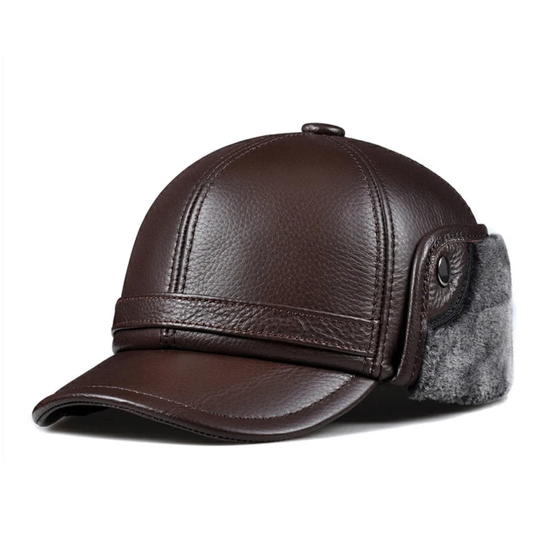 High Quality Genuine Leather Hats Winter First Layer Cowhide Warm Earmuffs Bomber Caps Plus Velvet Thicken Man Bone Caps Dad Hat