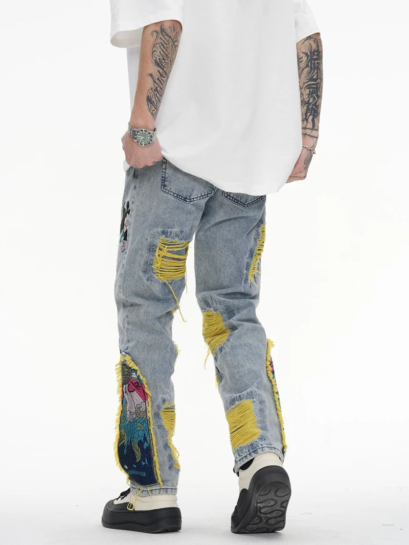 Embroidered Patch Denim Ripped  Streetwear Pleated Tassels Distressed Destroyed