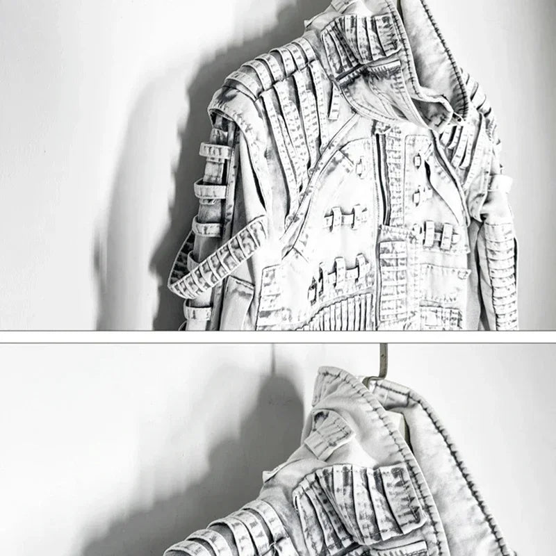 Waste Soil Sand Dune Style Men's Asymmetry Slim Fit Motorcycle Jacket Washed Distressed Fold Deconstruction Coat Male