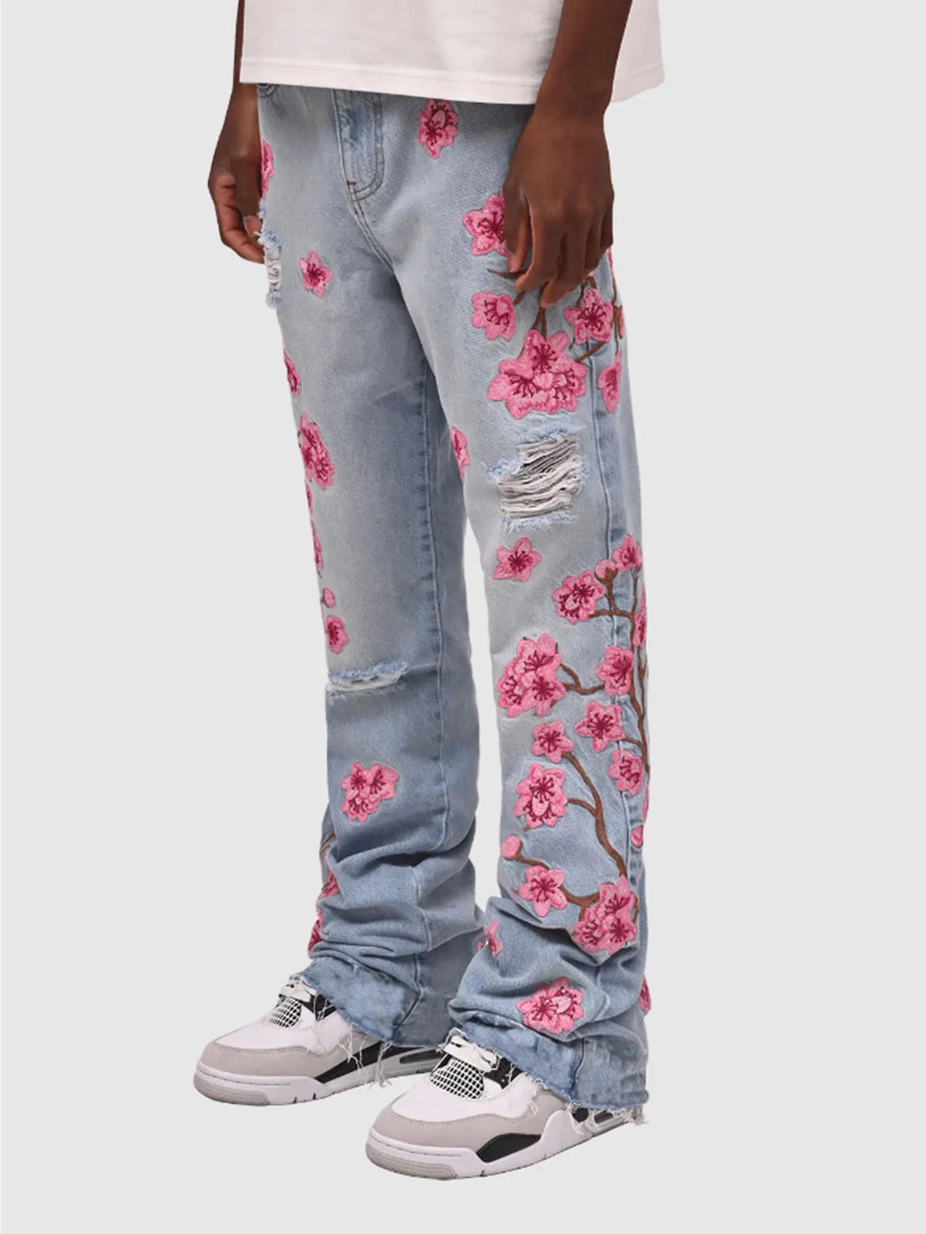 Men Jeans Print Straight Pants Men Denim Jean Button Pockets Pants Streetwear High Street Mid Waist Hole Spliced Spring Summer