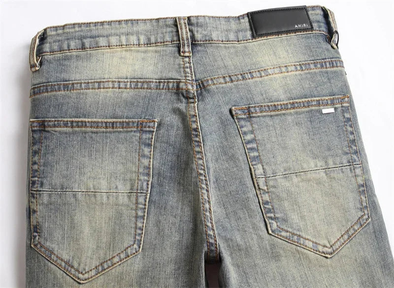 Mens Jeans with Embroidered Leather Patch Hole Punching Casual Black White Star Design by AMR