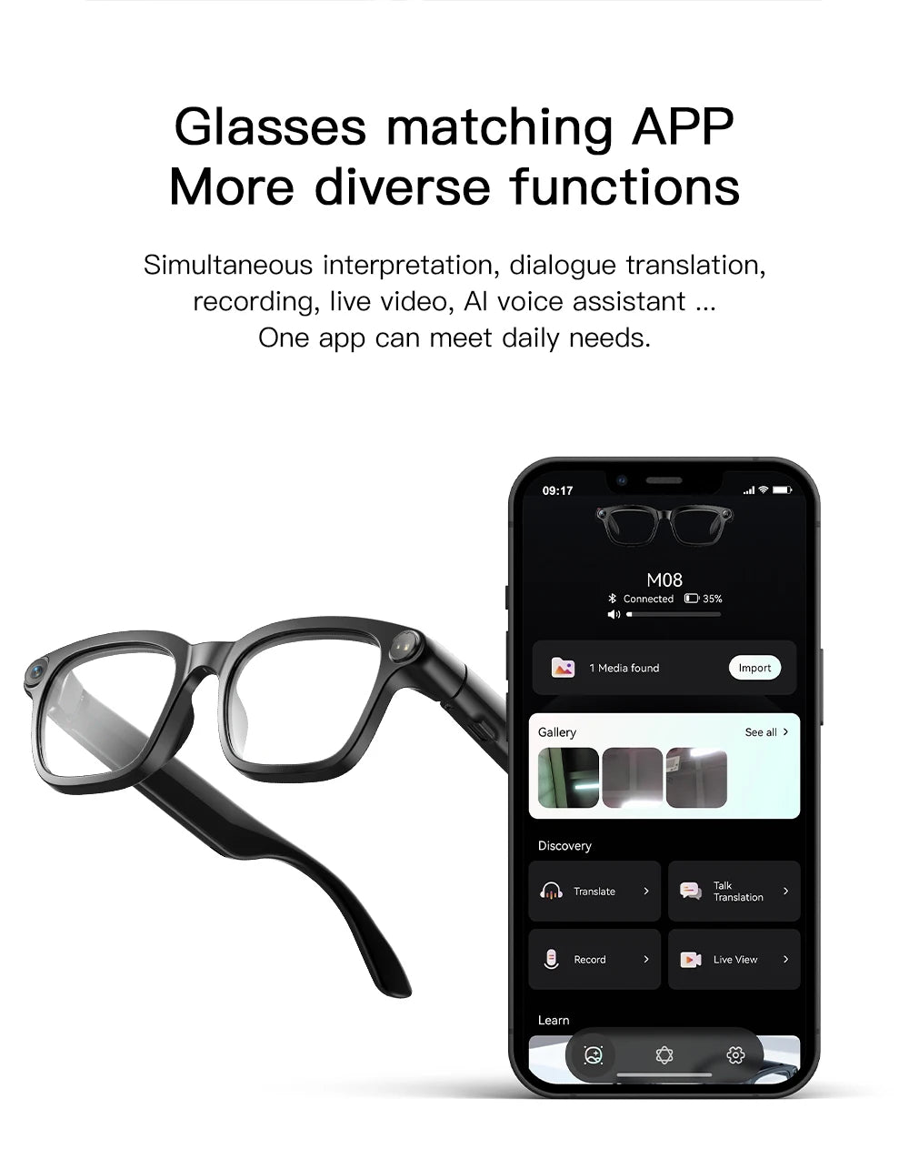 Smart AI Translation Smart Glasses 800W HD Camera 1080P Video WIFI transmission Bluetooth Call