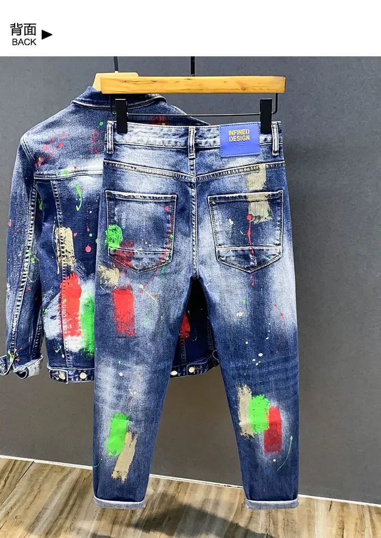 Luxury Brand 2026 Graffiti Jeans Men's Fashion Ripped Spray Paint Pants Ruffian Streetwears