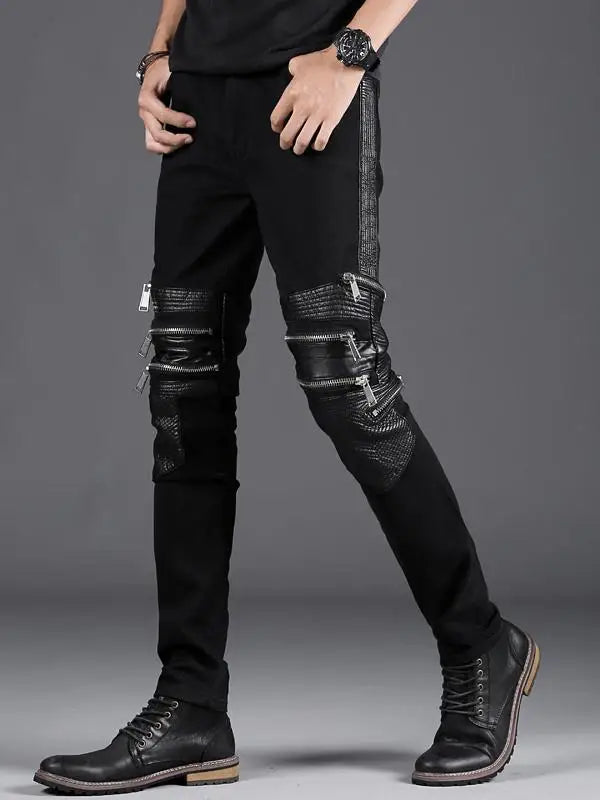 uxi Men's Slim Fit Elastic Leather Patchwork Jeans Breathable Multi-Zipper Casual Cotton Stretch Denim