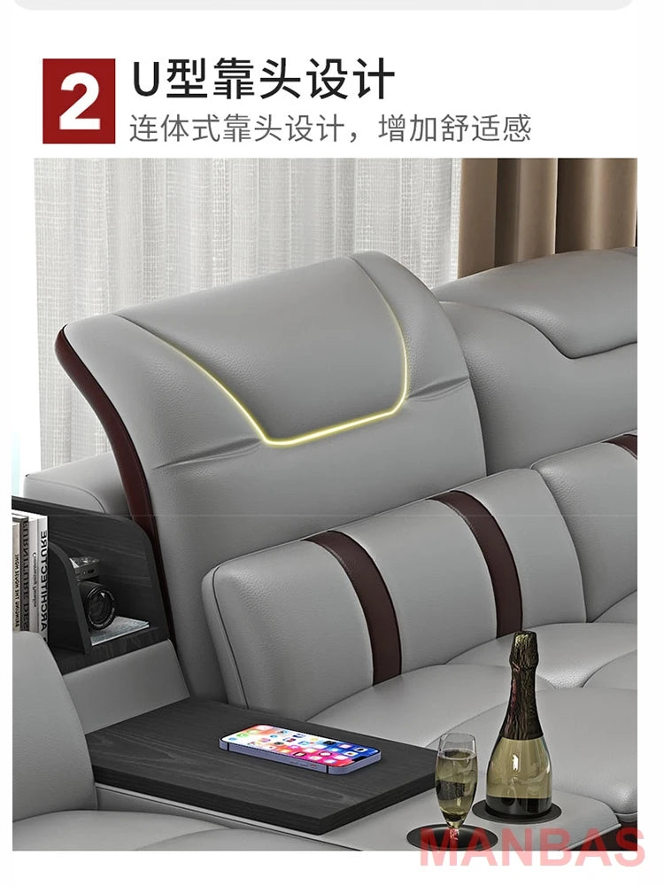 Italian Genuine Leather Sectional Sofa with Bluetooth, Speaker, Functional Headrest, Massage Chaise L Shape Corner