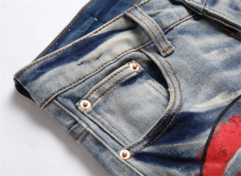 Mens Fashion Skull Painting Colored Street Jeans Letter Print Elastic Denim Skinny Night Club Pants Hip Hop Denim Trousers Blue