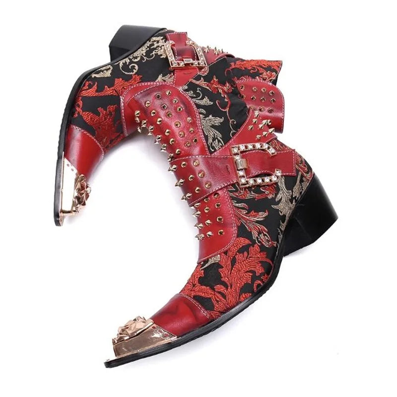 Red Black Leather Pathcwork Studded Ankle Boots For Men Gold Iron Toe Buckle Strap Block Heels Runway Cowboy Riding Chelsea Boot