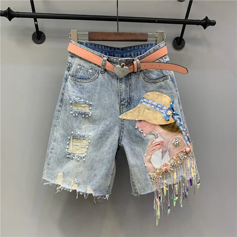 Denim Shorts Womens Heavy Industry Beauty Map Tassel Sequins Beads Broken Hole Five-point Denim Shorts Summer Y2K Straight Pants