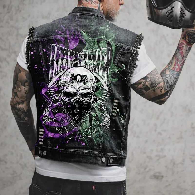 Mens denim jackets high street trend rock punk streetwear motorcycle vests vintage