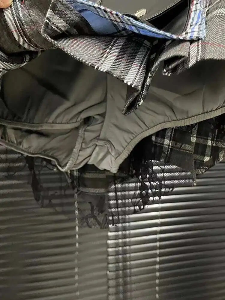 Patchwork Plaid Design Pleated Mini Skirts High Waist A-line Skirt Female/ women's