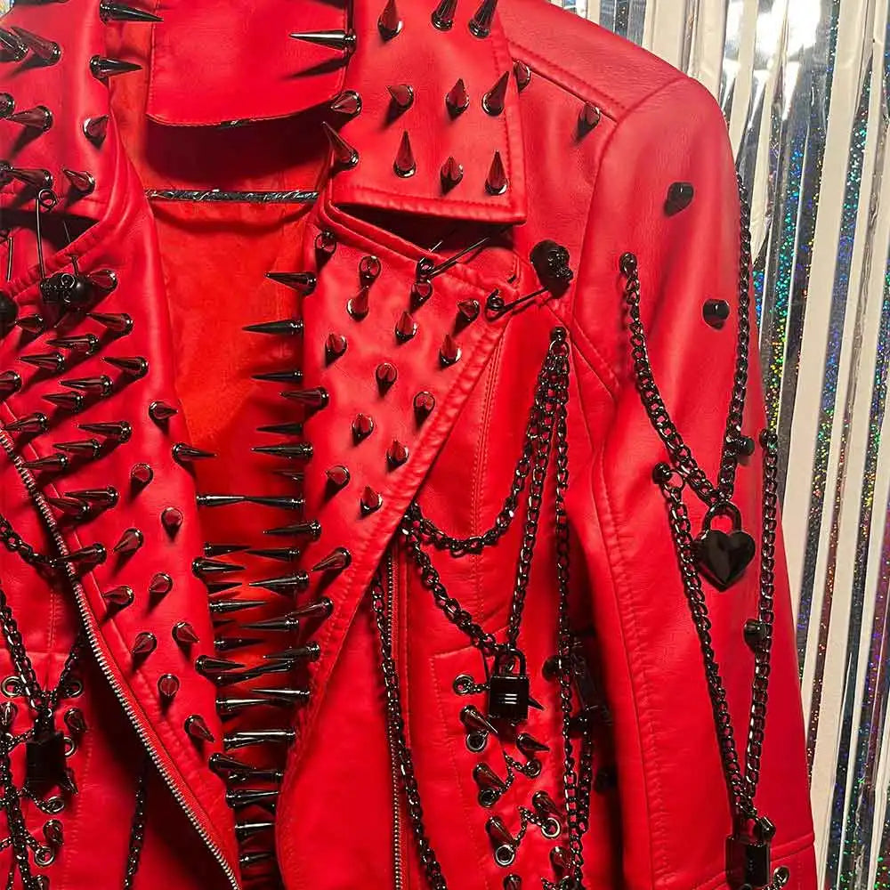 Punk Rock E-Girls Club Wear Harajuku Coat Goth Y2K Pu leather Jacket Zipper Spike Studded Rivet Grunge Chain Emo