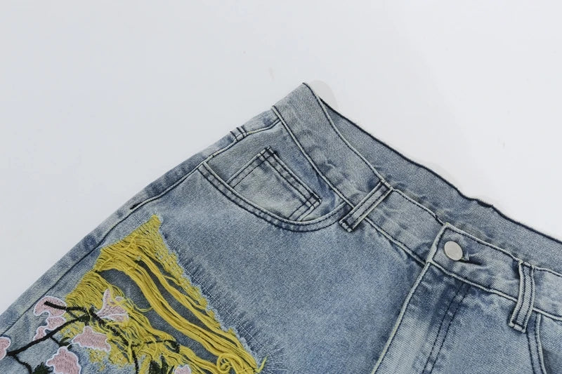 Embroidered Patch Denim Ripped  Streetwear Pleated Tassels Distressed Destroyed