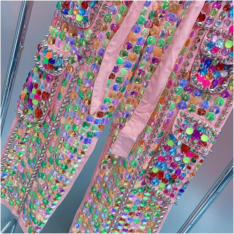 WHITNEY WANG Style  Spring Fashion Streetwear Handmade Crystals Beading Pockets Sahes Women Denim Pants jeans