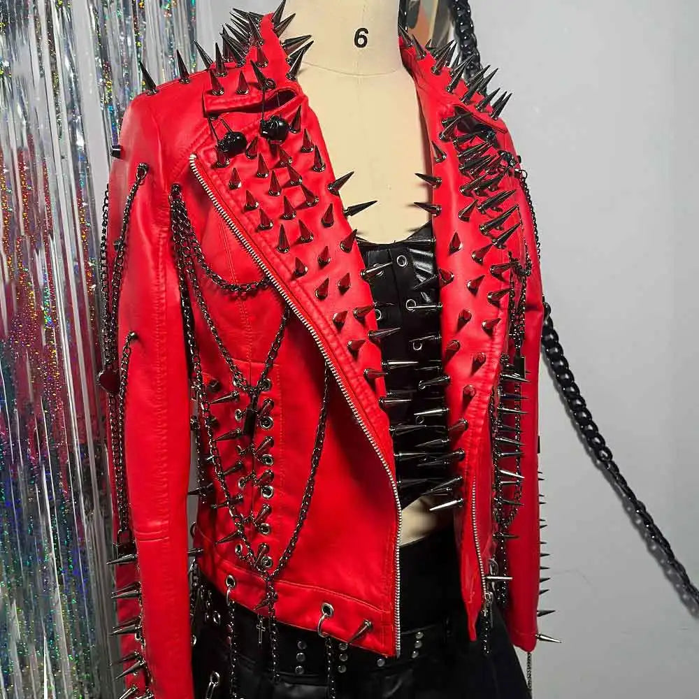 Punk Rock E-Girls Club Wear Harajuku Coat Goth Y2K Pu leather Jacket Zipper Spike Studded Rivet Grunge Chain Emo