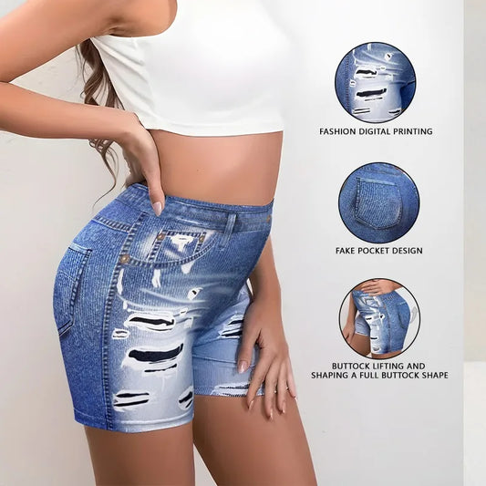 Girls Ripped Denim Shorts High Elasticity Hip Lifting Sports Shorts