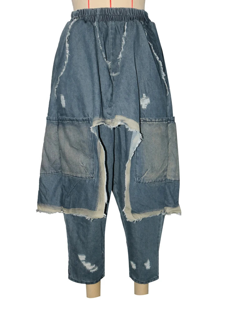 Street Wear Baggy Bag Wide Leg Denim Pants Elastic Waist Distressed Runway Harem Jeans