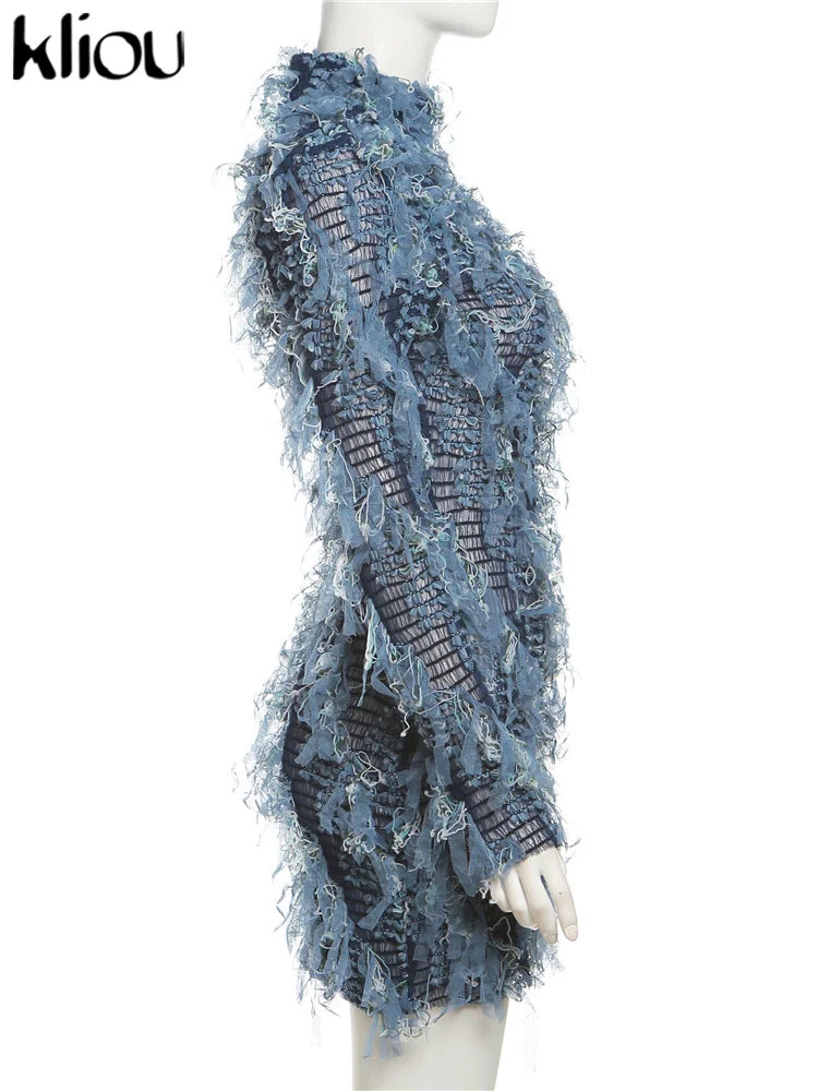 kliou Ruched Patchwork Mini Dress Women Striped Stacked Autumn Full Sleeve Crew Neck Holes Chic Bodycon Female Trend Streetwear