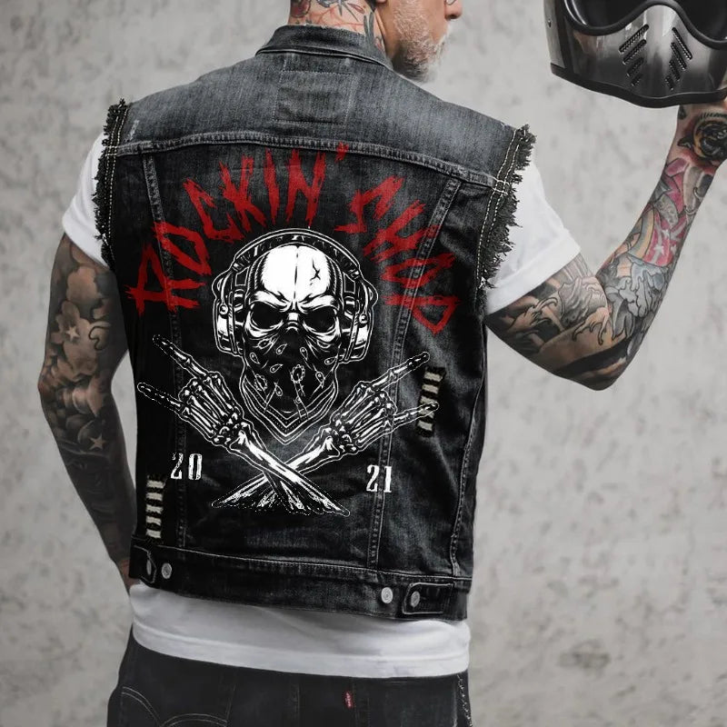 Mens denim jackets high street trend rock punk streetwear motorcycle vests vintage
