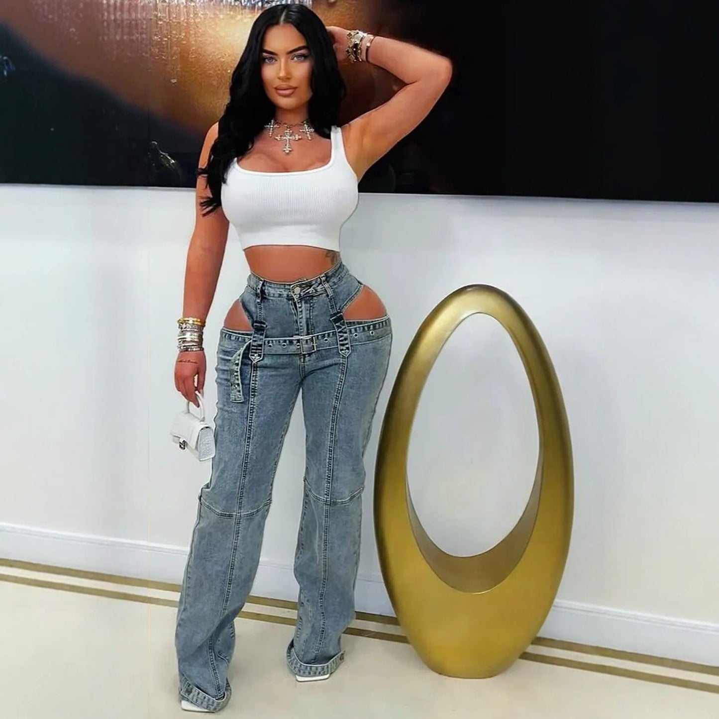 Sister star High Waistband Metal Rivets Casual Individual Street Style Commuting Versatile Pants