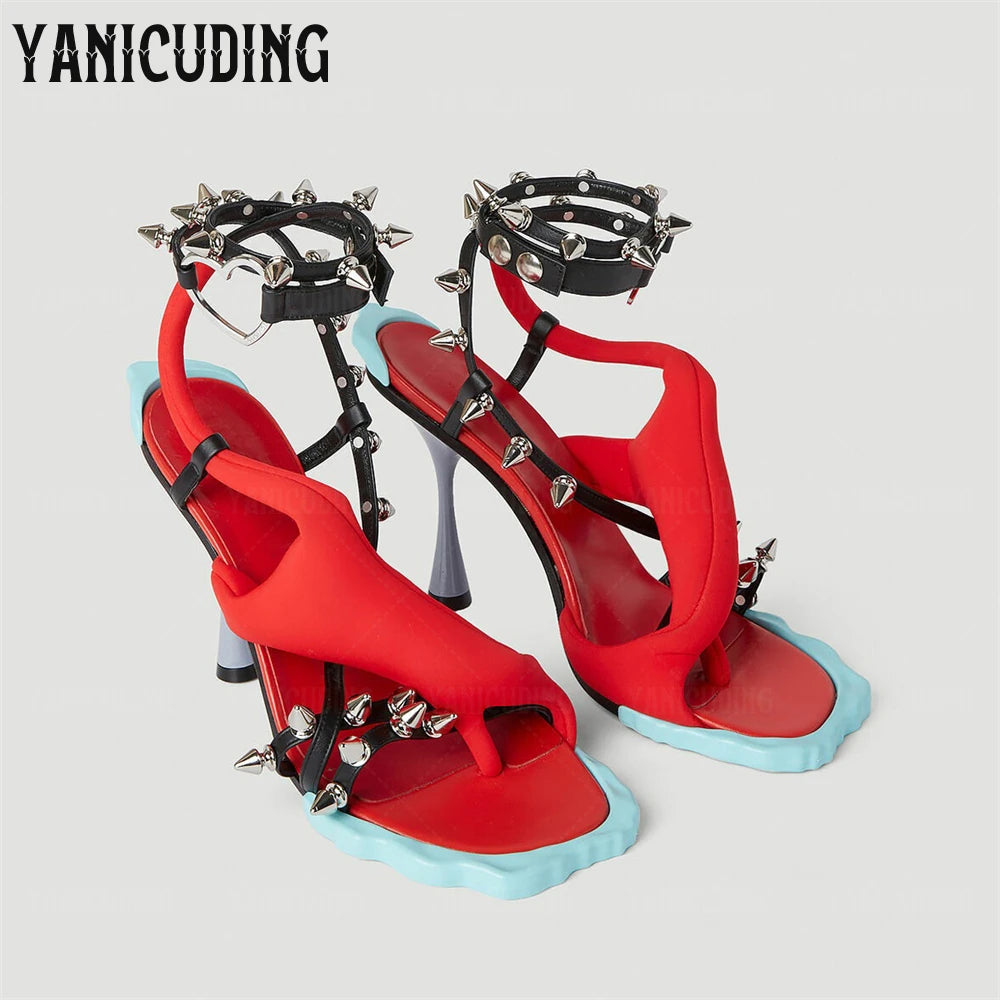 Stud Flower Sole Stiletto Sandals Novelty Open Toe Toe Post Buckle High Heels Ankle Straps All over Rivet Contrast Panel Sandals