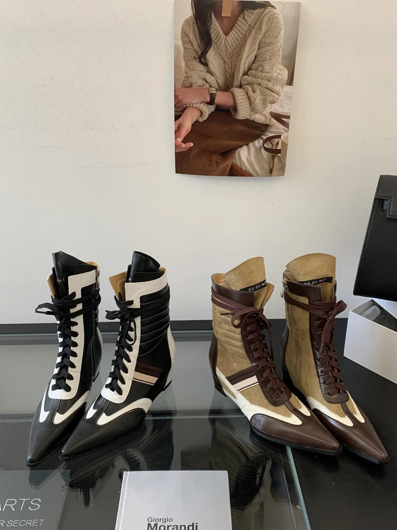 Black And White Boots Women Pointed Toe Lace Up Sports Style Wedges Shoe Fall Mid-calf Boots Comfort High Heels New Arrivals