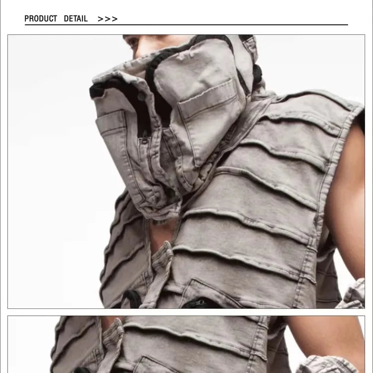 Pioneer Waste Soil Sand Dune Heavy Industry washed Asymmetric stereoscopic Bag Layered High Collar Vest coat