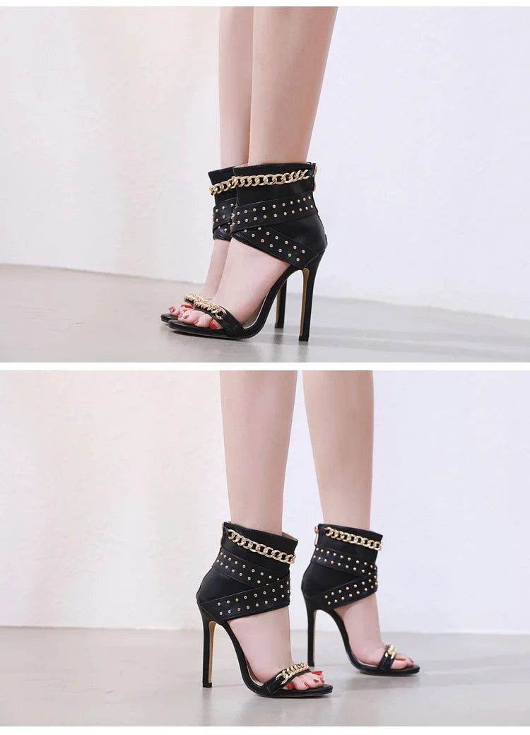 Aneikeh Sexy Rivet Metal Chain Sandals Peep Toe Thin Heel Pumps Gladiator Sandalias Zipper Women High Shoes