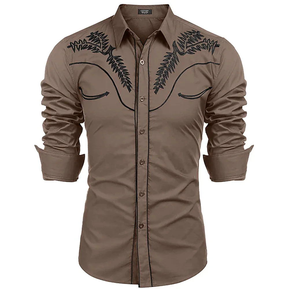 Men's western printed long -sleeved lapel single -breasted shirt casual social men's club street clothing