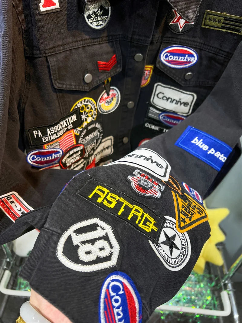 Men's Embroidered Denim Jacket Trendy Slim Fit w Badge Jeans Coat