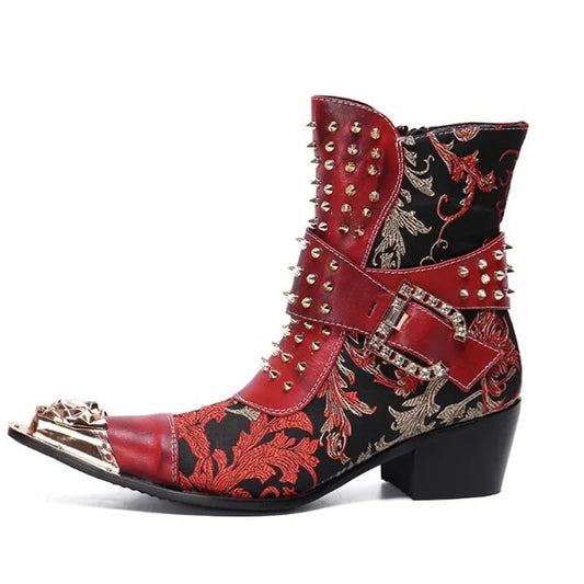 Red Black Leather Pathcwork Studded Ankle Boots For Men Gold Iron Toe Buckle Strap Block Heels Runway Cowboy Riding Chelsea Boot
