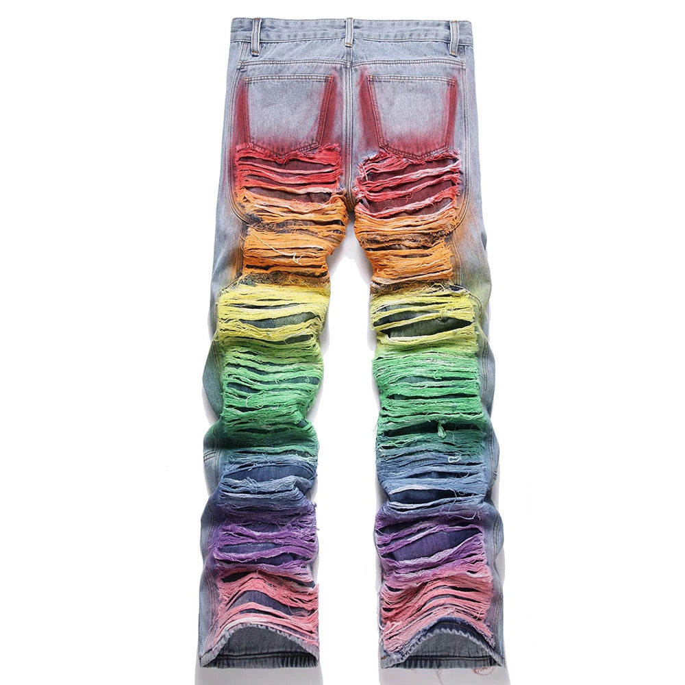 Men's colorful Ripped Graffiti Denim Pants Streetwear Loose Straight jeans