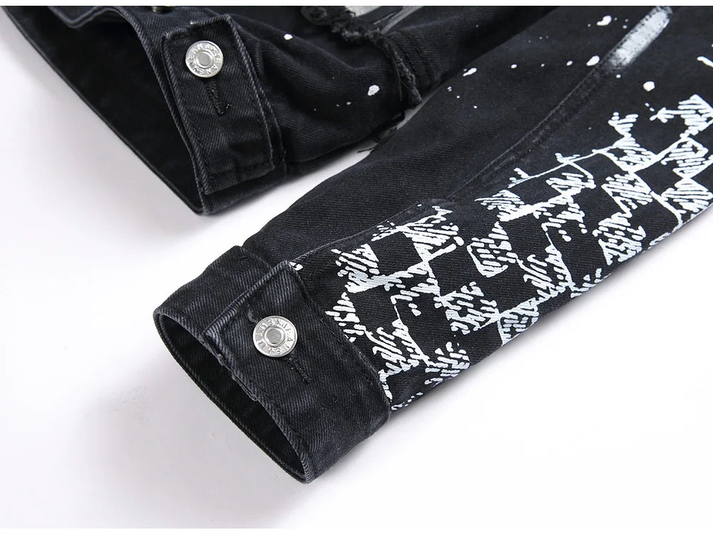 Denim Jacket Holes Ripped Plaid Patches Patchwork Jean Coat Painted Blue Black Spliced Outerwear