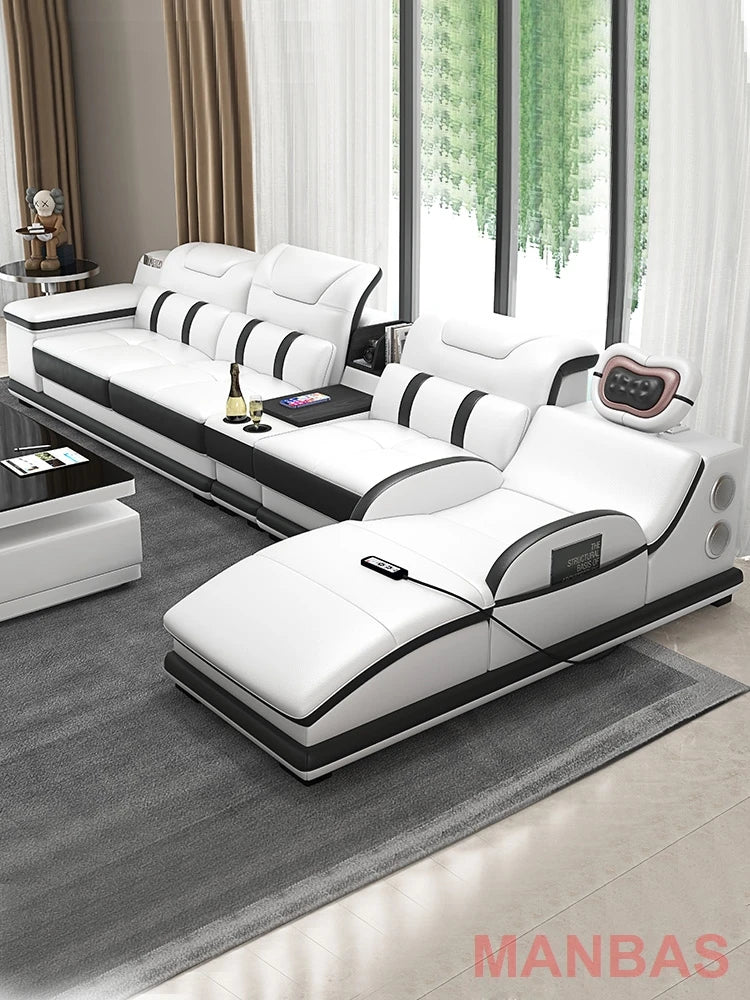 Italian Genuine Leather Sectional Sofa with Bluetooth, Speaker, Functional Headrest, Massage Chaise L Shape Corner