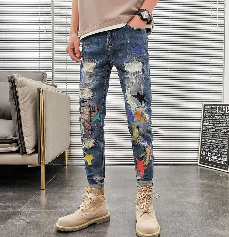 Graphic Men's Jeans Tapered Man Cowboy Pants Ripped with Print Torn Slim Fit Trousers Korean Fashion Retro Broken Harajuku Xs XL