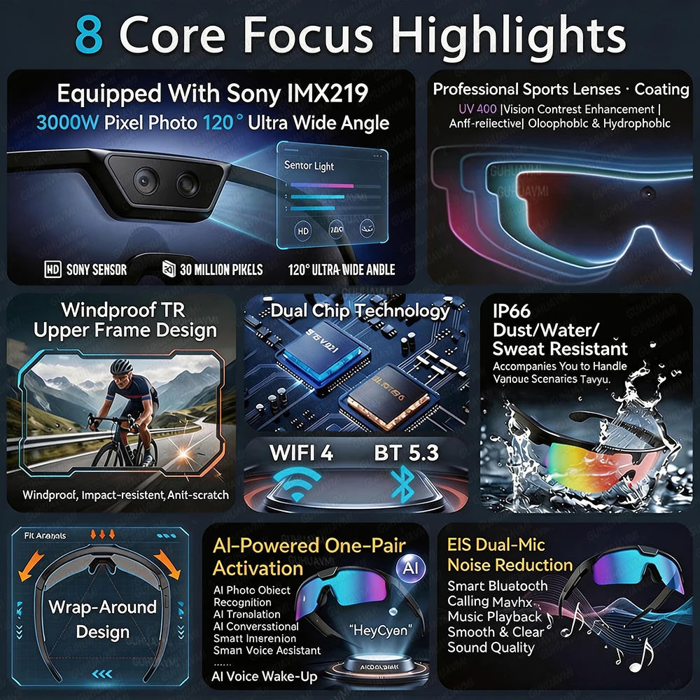 800W 4k HD Camera Smart Glasses Anti-shake Cycling Riding Shooting Dual Mic Noise Reduction & Windproof