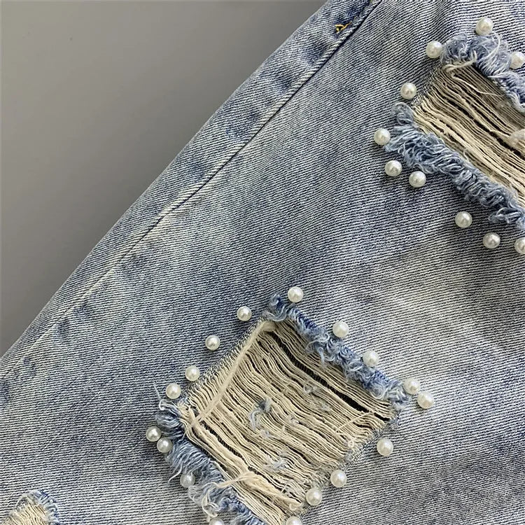 Denim Shorts Womens Heavy Industry Beauty Map Tassel Sequins Beads Broken Hole Five-point Denim Shorts Summer Y2K Straight Pants