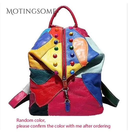 Genuine Leather Backpack for Women w/ Sheepskin Colorful Patchwork Shopper Bag Female Packsack Mochila