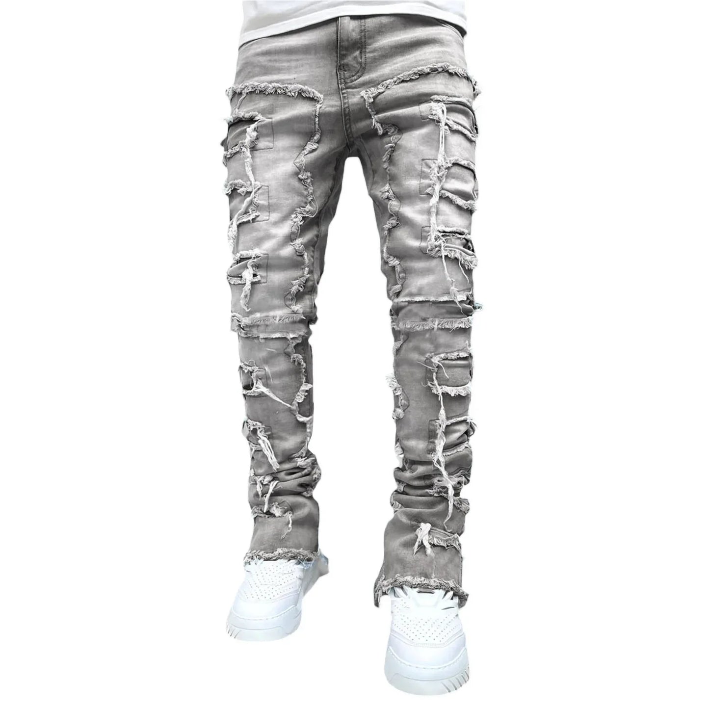 Men Ripped Stacked Jeans Distressed Slim Fit Skinny Straight Leg Jeans Fashion Hip Hop Denim Pants Casual Streetwear