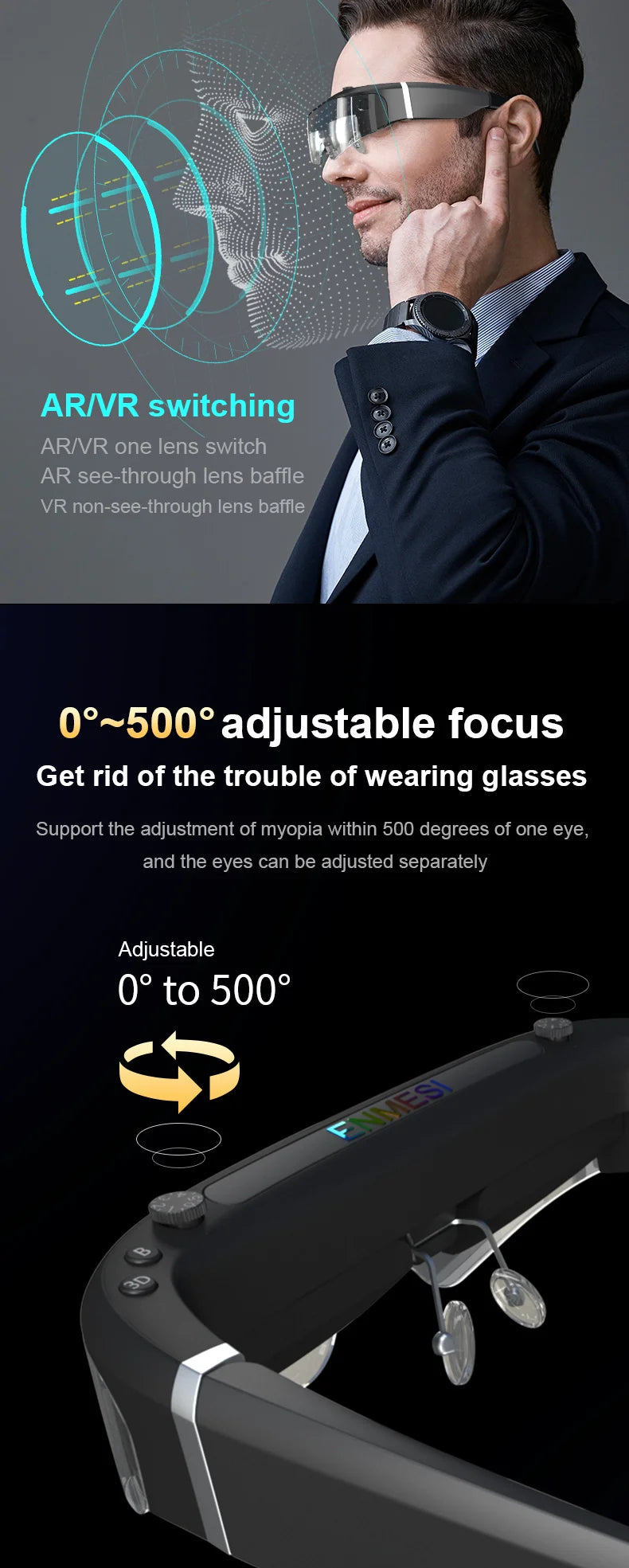 ENMESI V20 3D AR Smart Glasses 4K 200 Inch Max Screen VR All-in-One With Dual FHD Micro-OLED&0-500 Myopic Ddjustment for Phones