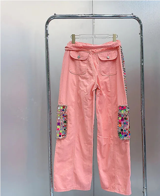 WHITNEY WANG Style  Spring Fashion Streetwear Handmade Crystals Beading Pockets Sahes Women Denim Pants jeans