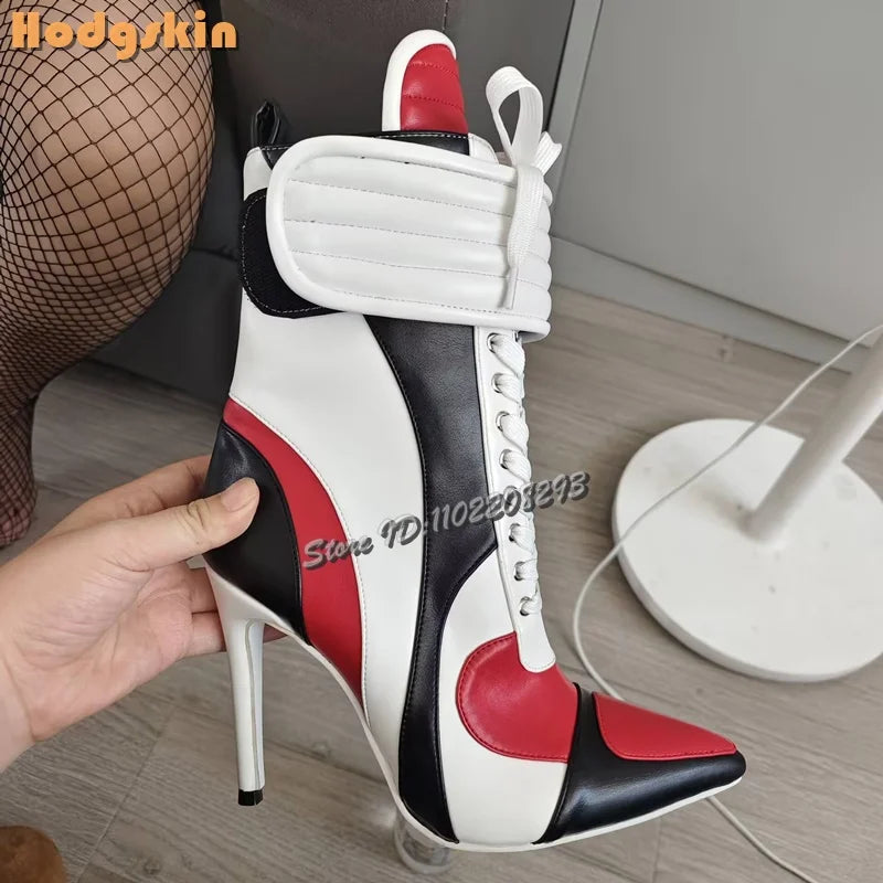 Patchwork Sports Ankle Boots Pointed Cross-tied High Heels Short Boots 2025 Autumn New Women Fashion Stiletto Motorcycle Shoes