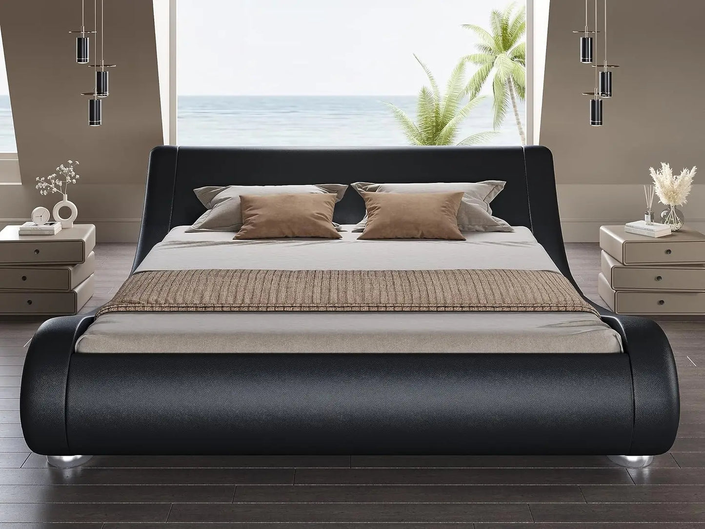 Bed Frame with Faux Leather Ergonomics Headboard, No Box Spring Needed & Easy Assembly