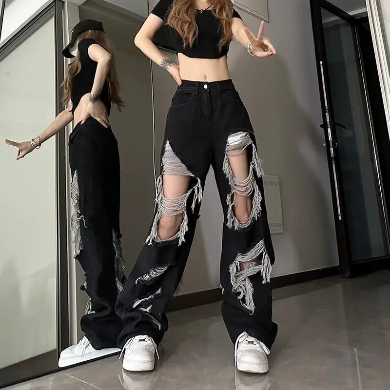 New Front-Rear  Broken Hole Jeans All-Match Distressed Women High Street Hip Hop High Waist Straight Loose Trousers