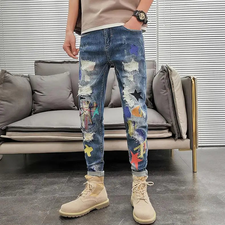Graphic Men's Jeans Tapered Man Cowboy Pants Ripped with Print Torn Slim Fit Trousers Korean Fashion Retro Broken Harajuku Xs XL